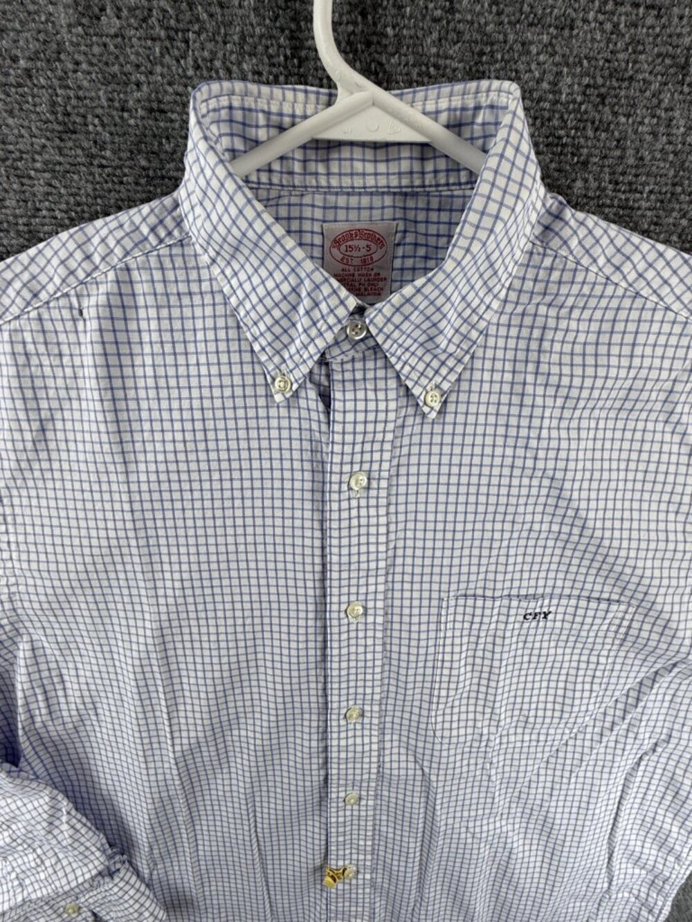 Brooks Brothers 15.5 35 Check Cotton Button-Down Blue Shirt Long Sleeve Pocket